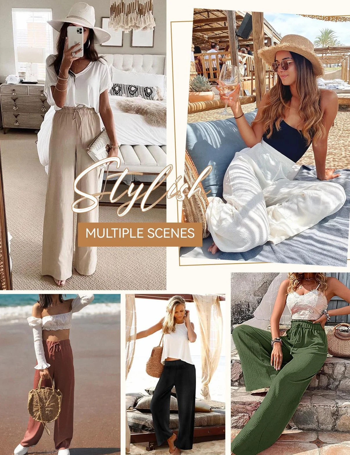 Pantaloni Donna Estivi in Cotone e Lino Eleganti Elastico Vita Alta Leggeri Comodi Larghi Casual con Tasche