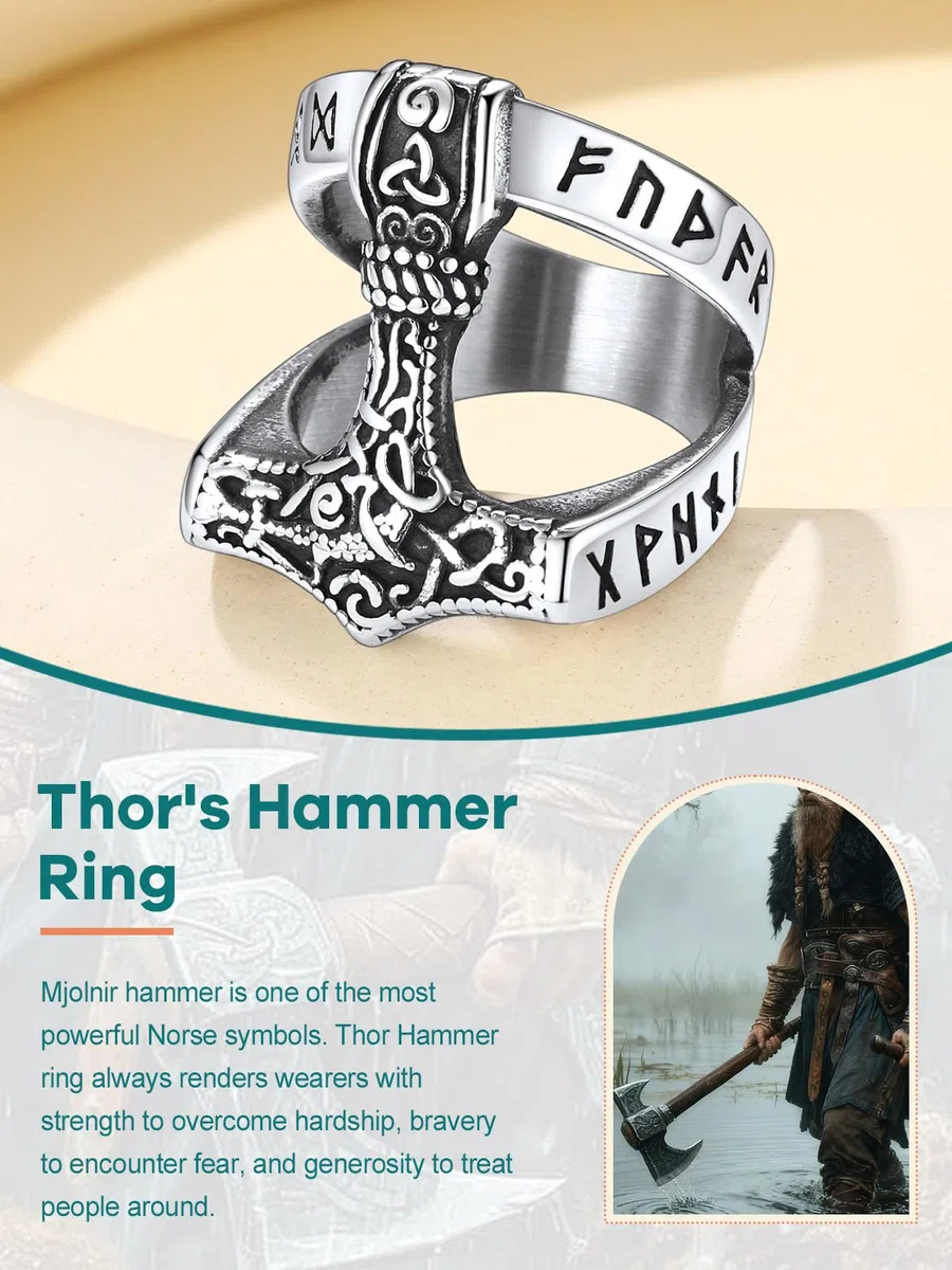 Supcare Anello Acciaio Uomo con Martello di Thors, Anelli Vichighi Argento/Nero a Fascia con Nodo Celtico, Anello di Dichiarazione Vintage con MIsura 14,5-32, Idee Regalo.