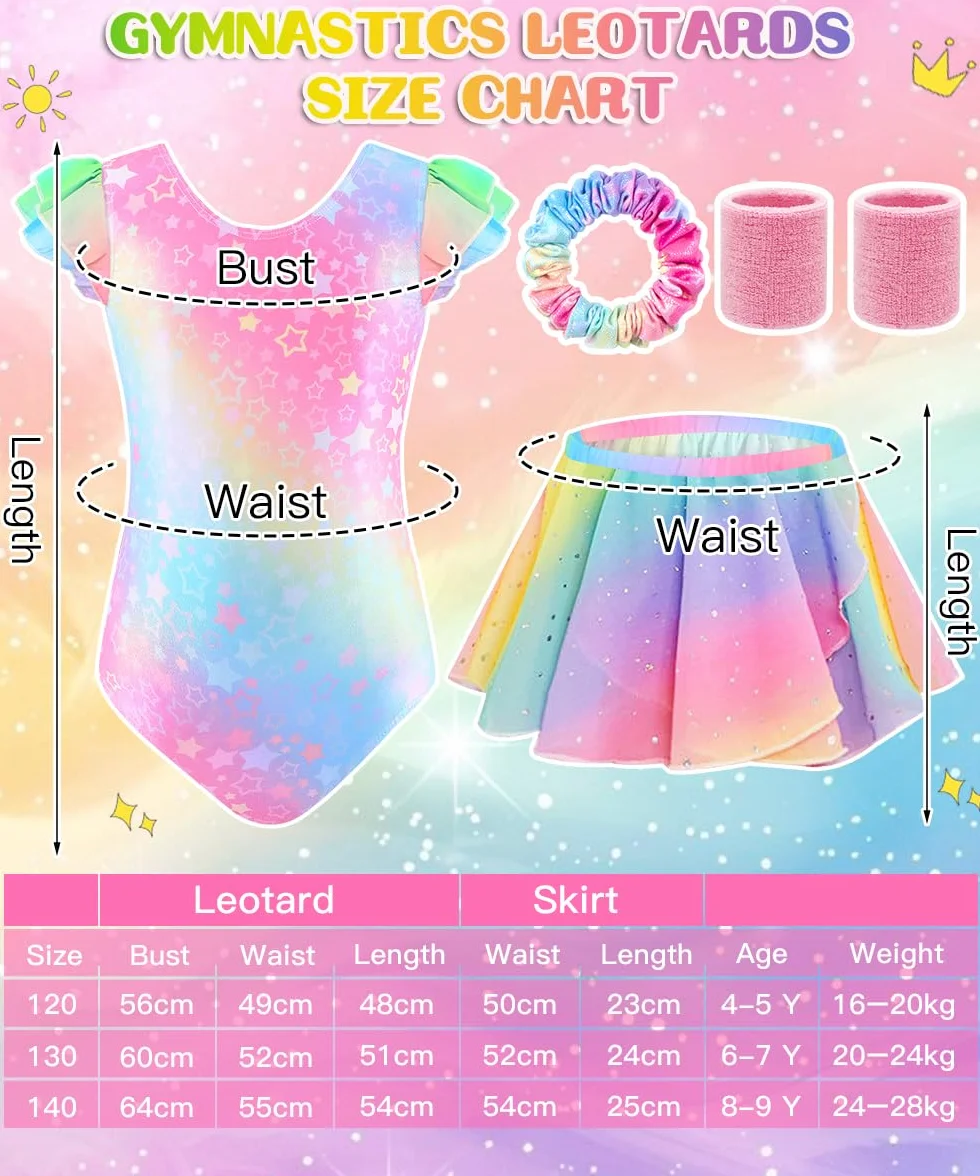 Body Ginnastica Artistica Bambina, Set 5 Pezzi con Body Senza Maniche, Pantaloncini, Fascia Capelli, Polsini, Completo per Ginnastica, Danza e Spettacoli, 4-9 Anni