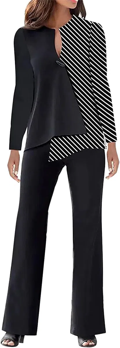 Donna Color Blocking Pantaloni Larghi Due Pezzi Abito Elegante Casual Formale 2 Pezzi Casual Top Maniche Lunghe Sera Pantaloni Donna