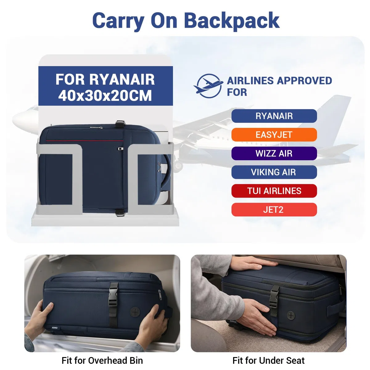 KONO Zaino 40x30x20 Ryanair Bagaglio a Mano 24L, Zaino da Viaggio Aereo Multitasche Compatto Leggero Impermeabile con Scomparto Laptop 15.6 Pollici per Uomo Donna Viaggi Weekend (Blu, 40x30x20cm)