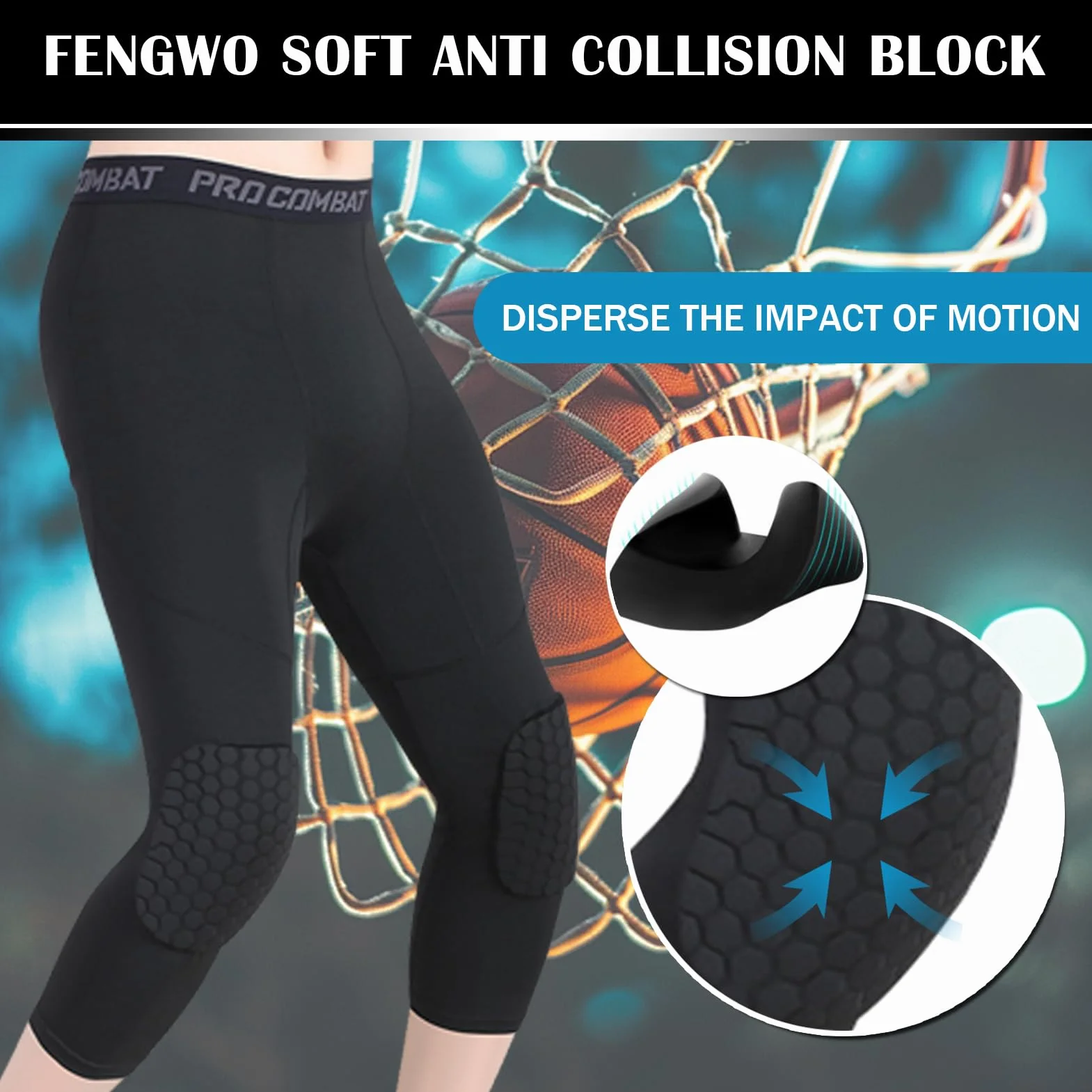 HULG Pantaloni da Basket con Ginocchiere,Pantaloni da Basket da Uomo con Ginocchiere 3/4 Capri Imbottiti Leggings A Compressione Leggings Protezioni Sportive