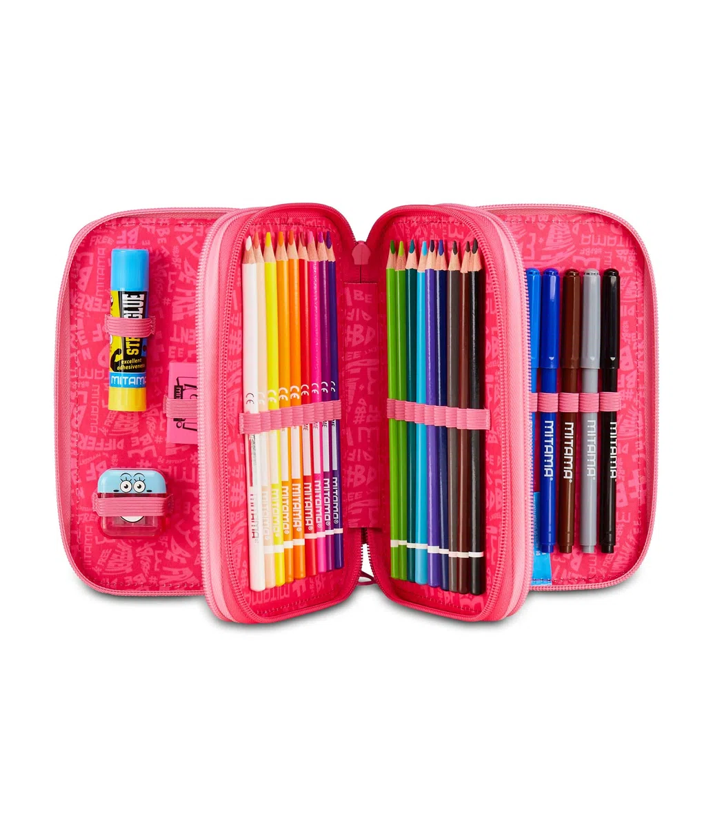 Mitama Astuccio Scuola 3 Scomparti, TRIPLO FURRYPINK, Contenuto 47 pz, Completo di Matite, Pennarelli, Portapenne Scuola Elementare Bambina