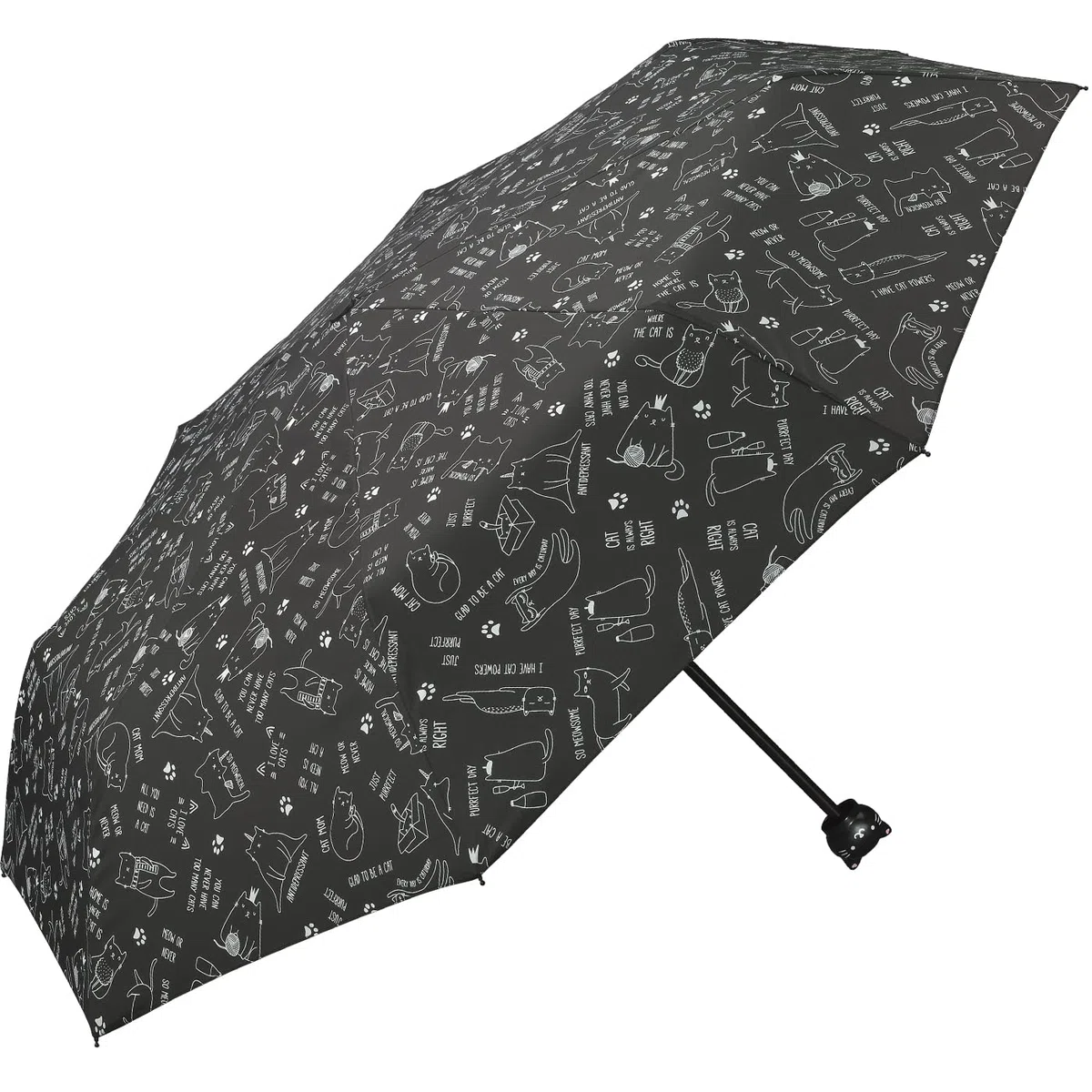 Grazioso ombrello da donna con gatti e impugnatura con testa di gatto, colore: nero/bianco, Nero , 95 cm