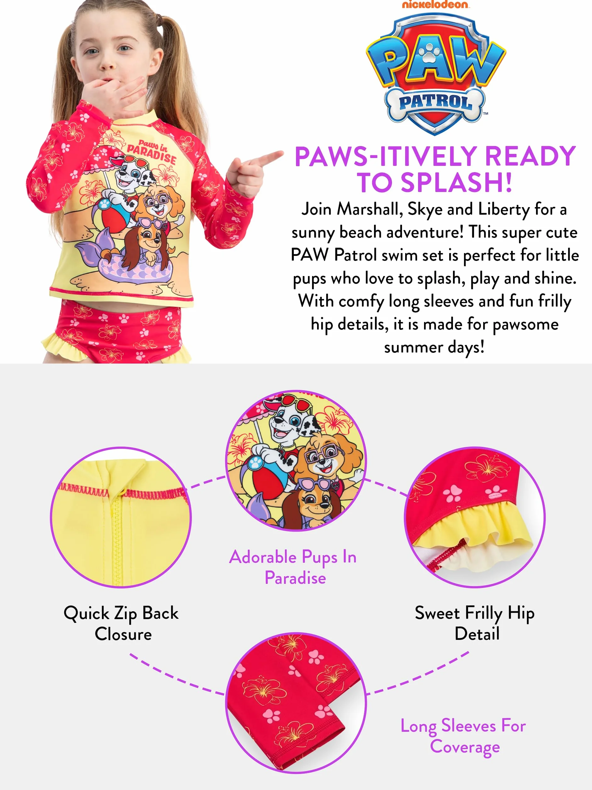 Paw Patrol Costume da Bagno Bambina 2 Pezzi, Costume Piscina Bambina Maniche Lunghe, Paws in Paradise Set Costumi Nuoto