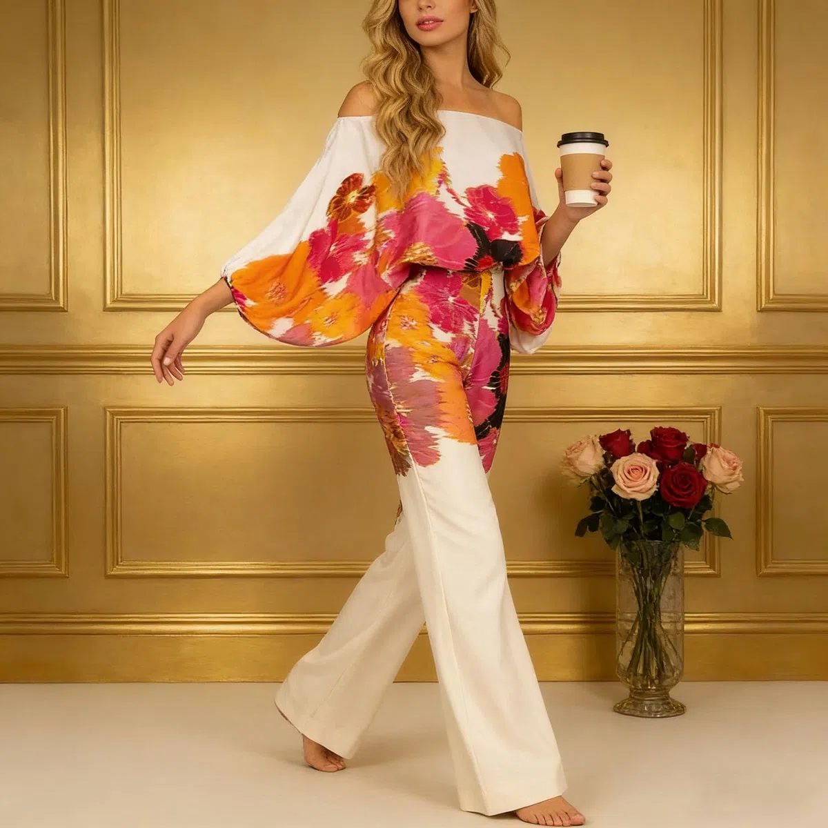 Tailleur pantalone da donna matrimonio festivo elegante 2 pezzi top con spalle scoperte + vita alta pantaloni casual set a due pezzi