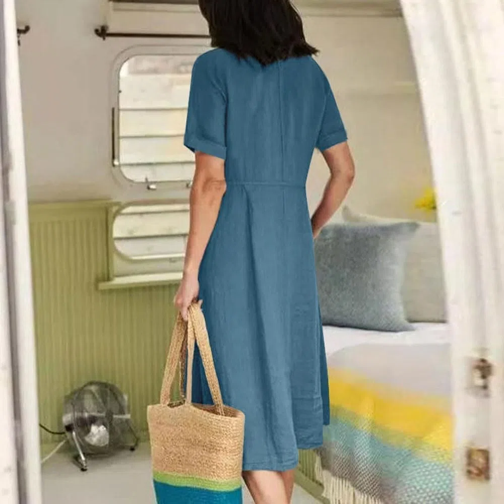 Abito da Donna in Cotone e Lino con Bottoni, Maxi Abito Casual con Scollo a V e Maniche Corte, Tinta Unita, Leggero, Ampio, con Tasca