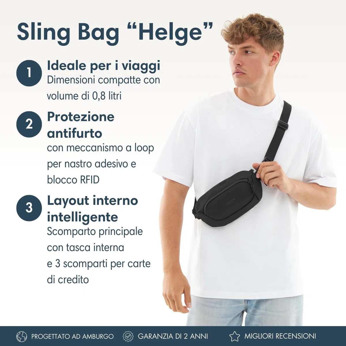 Larkson Borsa da Petto Donna e Uomo Nero - Helge - Marsupio Borsa a Tracolla con Blocco RFID e Passanti Antifurto sopra la Cerniera - Imbottitura in Rete - Idrorepellente