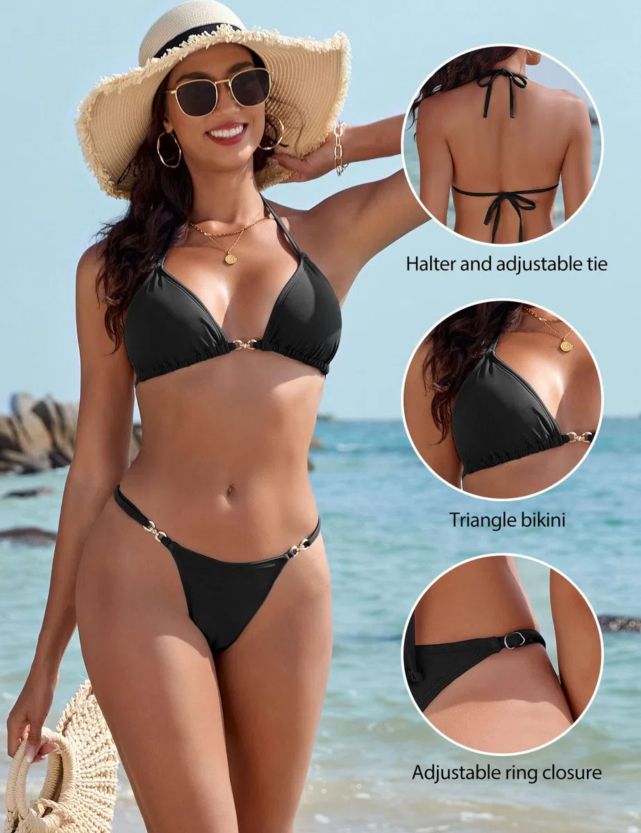 Yuson Girl Costume Donna Due Pezzi Sexy Brasiliana Costumi da Bagno Perizoma Bikini Mare 2 Pezzi Regolabile Halter Triangolo Imbottito Top Vita Bassa Bikini Bottom da Spiaggia, Piscina