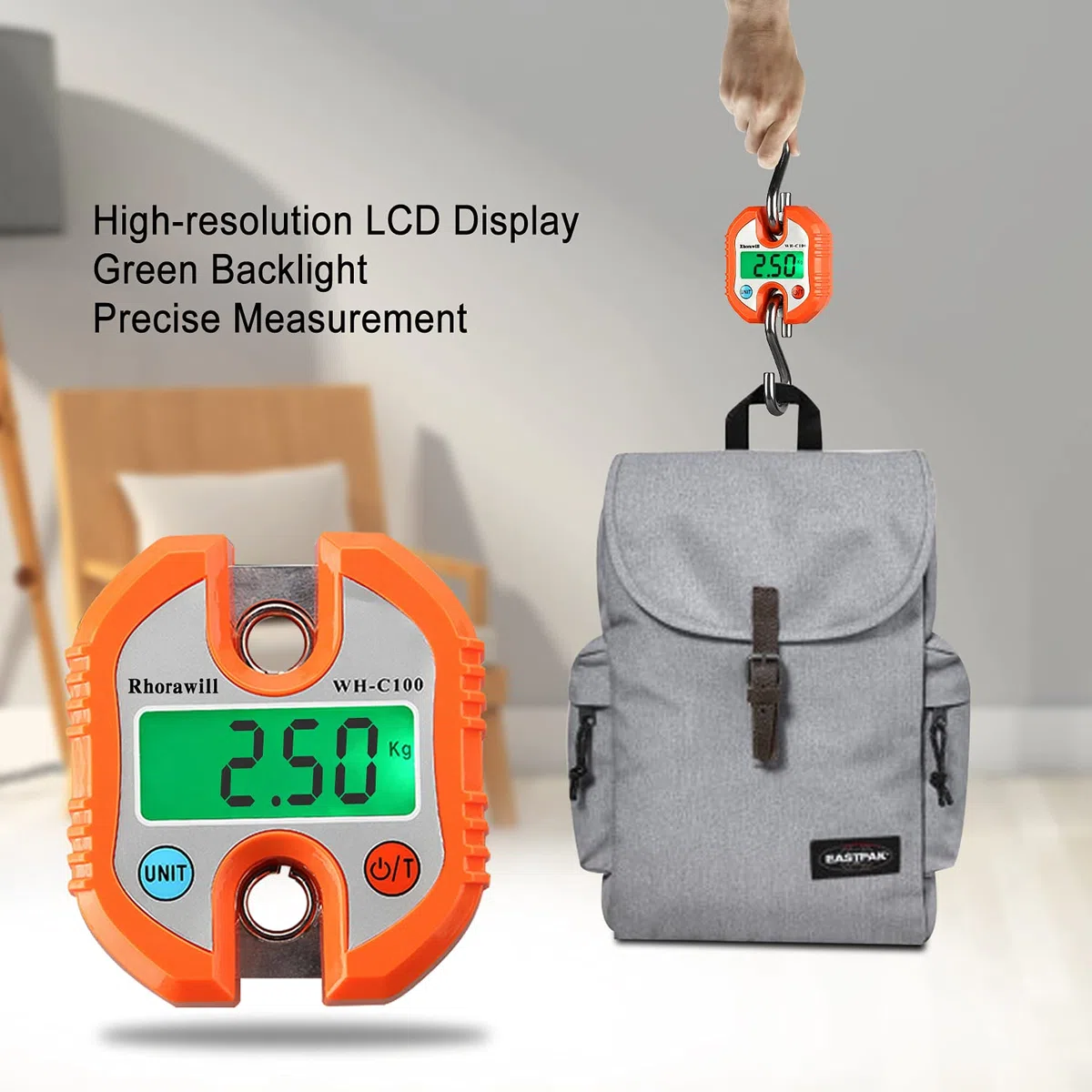 Rhorawill Digitale Bilancia a Gancio Bilancia Valigia 150KG Bilancia Pesa Valigie con Gancio Bilancia Portatile a Sospensione con Display LCD per Viaggio, Pesca, Caccia All'aperto (Arancione)