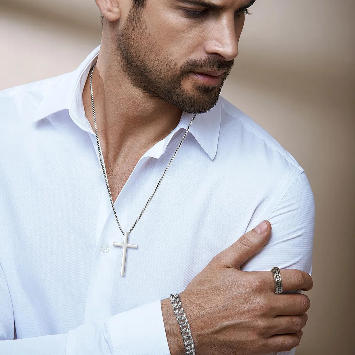 3 Pezzi Set di gioielli da uomo Collana con ciondolo a croce in acciaio inox Bracciale a catena cubano anello rotante Regali per uomini ragazzi