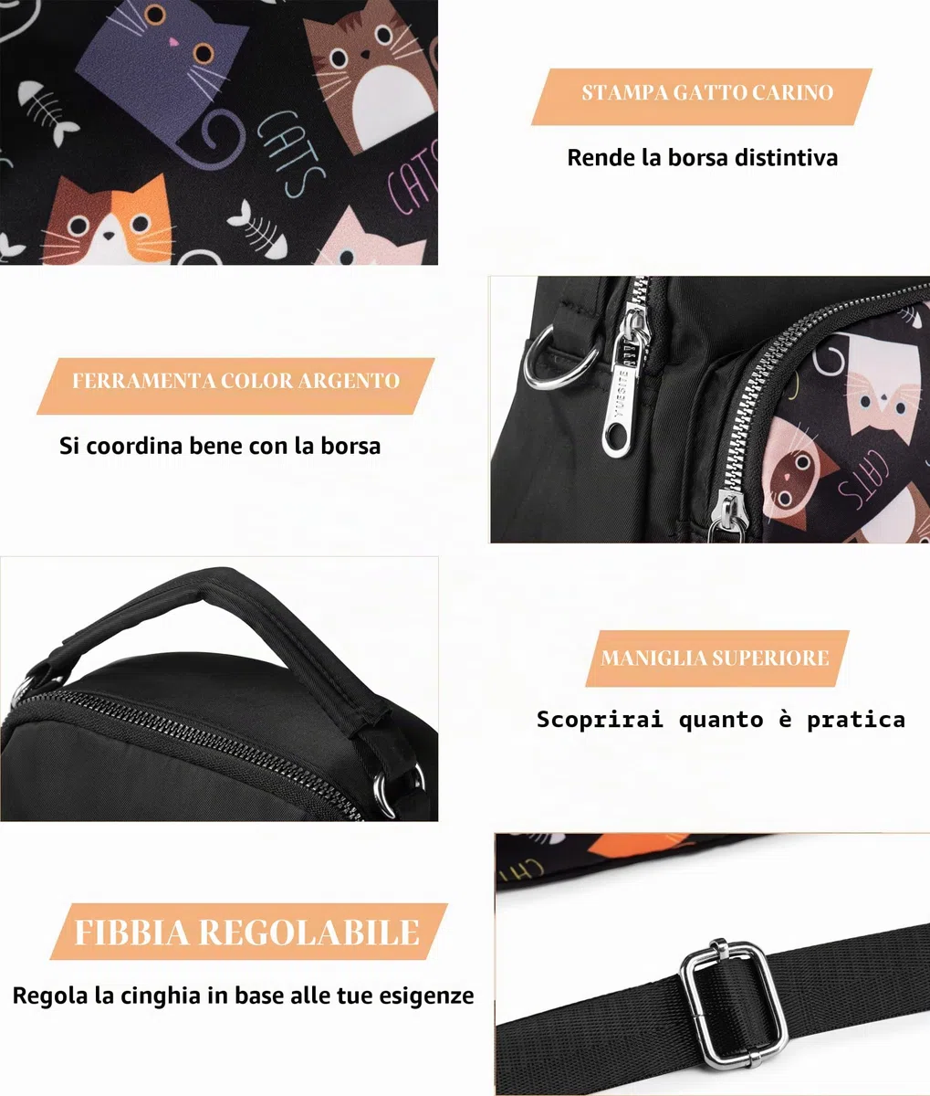 Borsa Donna Tracolla in Nylon, Borsetta Tracolla Donna Piccola con Gatti, Borsa Tracolla Donna Multitasche, Crossbody Bag con Maniglia, Funzionale Borsa da Viaggio Passeggiate