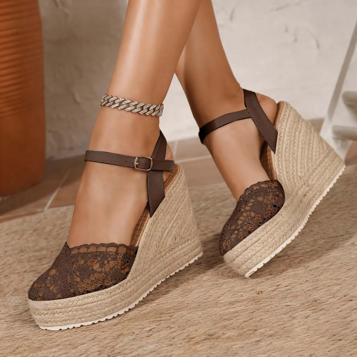 Generico Sandali da donna, estivi, espadrillas, con zeppe, piattaforma, scarpe a punta chiusa, in pizzo, comodità, cinturino alla caviglia, vintage per vacanze, tacco chiuso e sandali da donna Regalo