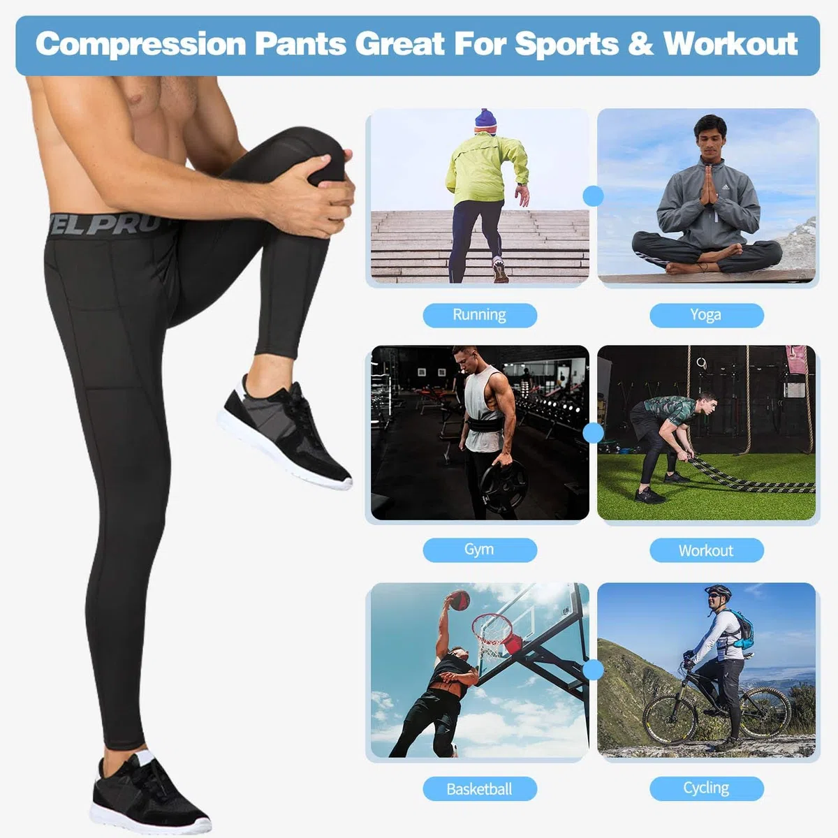 Yuerlian Leggings a compressione da uomo, leggings da corsa, pantaloni da palestra con tasche, freschi e asciutti, per allenamento, sport, palestra, yoga, calcio, ciclismo