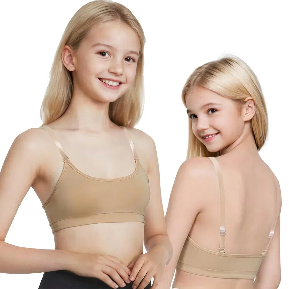 Reggiseno da danza per ragazze, con spalline trasparenti, non imbottito, con 2 paia di cinghie regolabili, 1 paio di cuscinetti in silicone