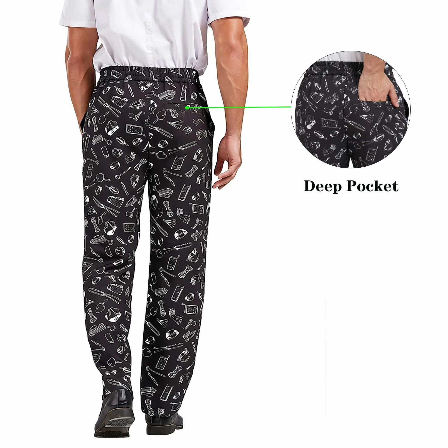 Nanxson Pantaloni da Cuoco Larghi da Uomo, Pantaloni da Lavoro Stampati con Divise da Cucina da Ristorante in Vita Elastica CFM2013