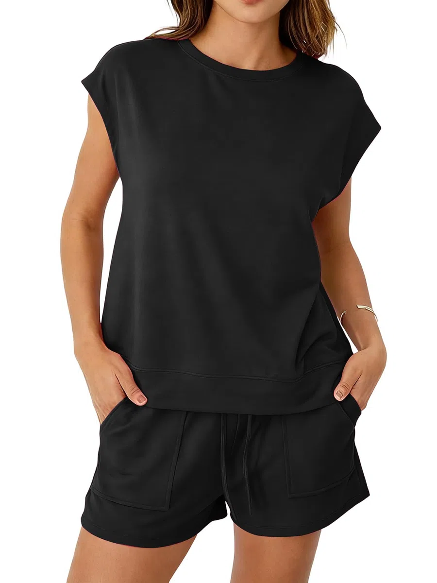 Completo Donna Estivo Corto 2 Pezzi Tuta Sportiva Estiva Senza Maniche con Scollo Rotondo e Pantaloncini Bermuda con Coulisse e Tasche