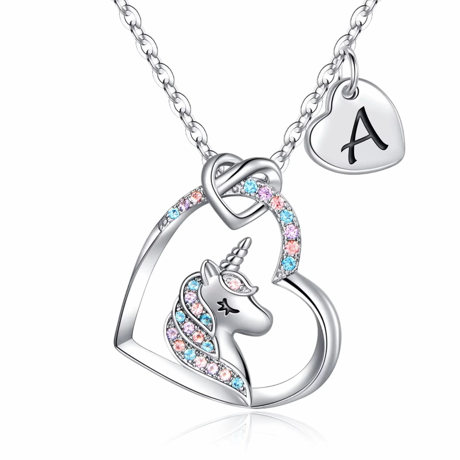 TINGN Collana Unicorno Regali per Ragazze, Ciondolo Cuore Iniziale Placcato Oro Bianco 14k CZ Collana con Iniziale Unicorno per Ragazze Compleanno Unicorni Regali per Ragazze Gioielli da Donna