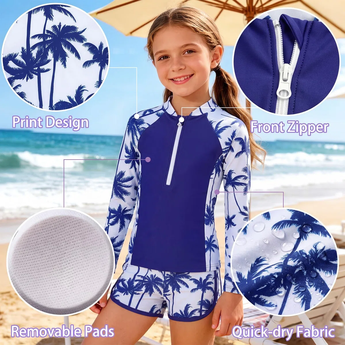 Costume da Bagno Ragazze 2 Pezzi a Manica Lunga con Zip e Pantaloncini Morbidi, Stampa Floreale Rash Guard Protezione Solare Costume Piscina Spiaggia Nuoto per Bambini 5-14 Anni