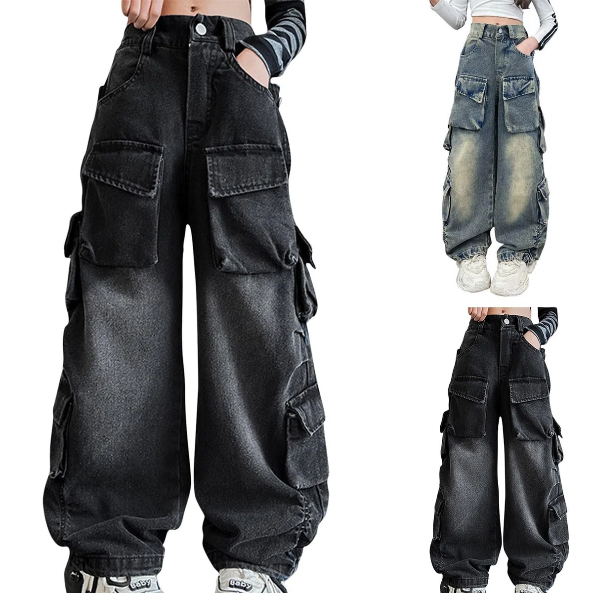 Jeans cargo personalizzati per ragazze pantaloni larghi in denim hip hop multi tasche per bambini gamba larga elastico in vita jeans a vita alta pantaloni in denim estetico alla moda