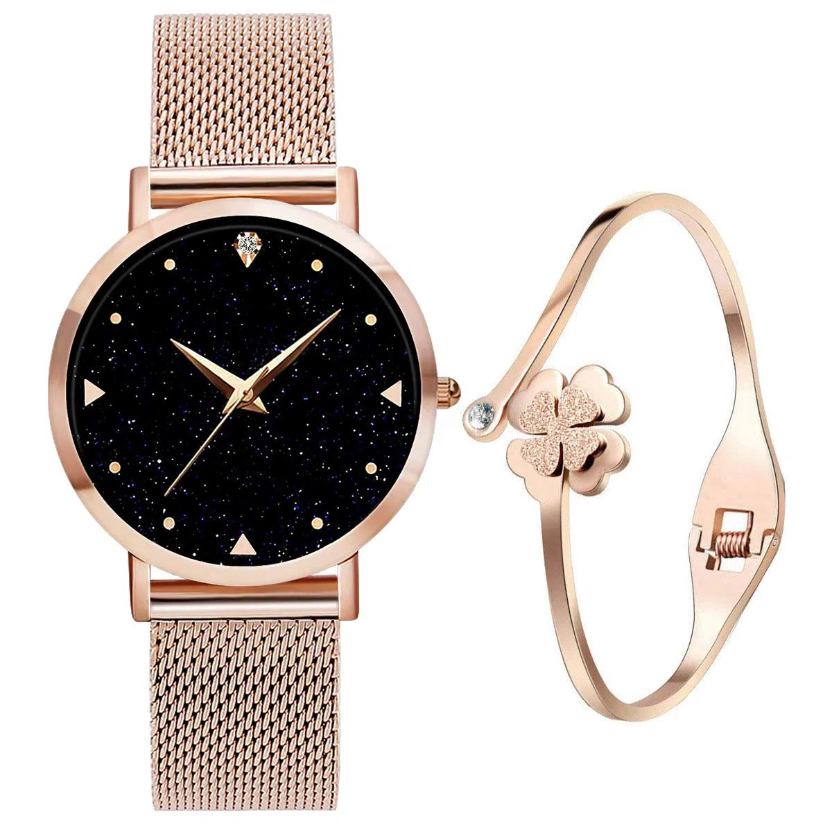 Orologi da donna ragazze, da polso al quarzo analogico Impermeabile 3ATM con cinturino in maglia di acciaio inossidabile oro rosa con quadrante blu con cielo stellato