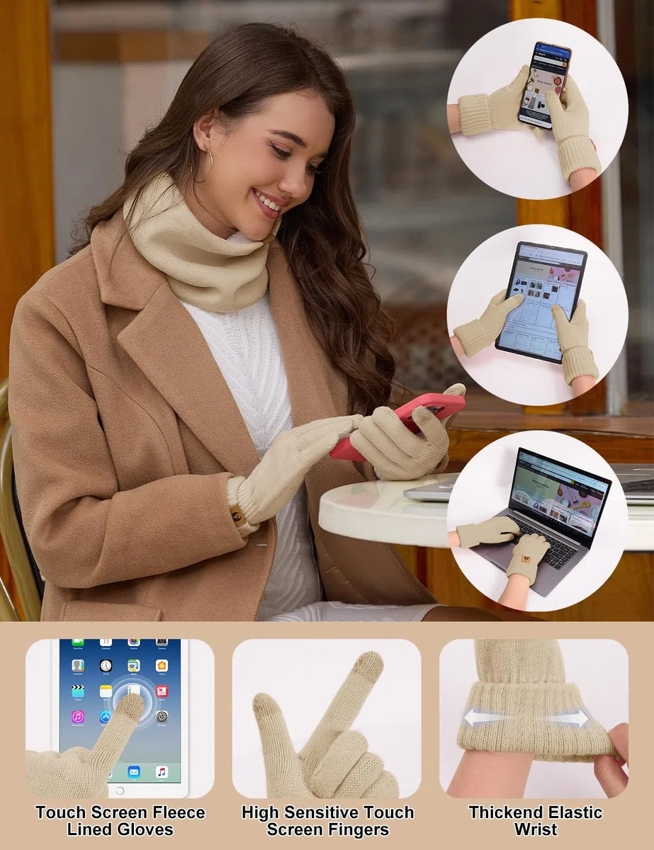 UMIPUBO Cappello e Sciarpa Donna Set Invernali Touch Screen Guanti Paraorecchie Peluche di Calze Caldo Scaldacollo Termico Berretto in Pile Beanie Hat 5 Pezzi Accessori Invernale
