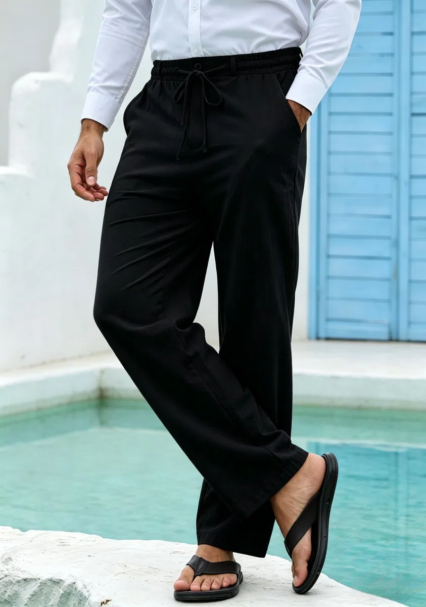 Cegerne Pantaloni di Lino Uomo Estivo Lungo Leggero Casual, Vita Elastica Zip e Coulisse, Tasche Traspiranti per Spiaggia Vacanze Quotidiano, Nero, XL