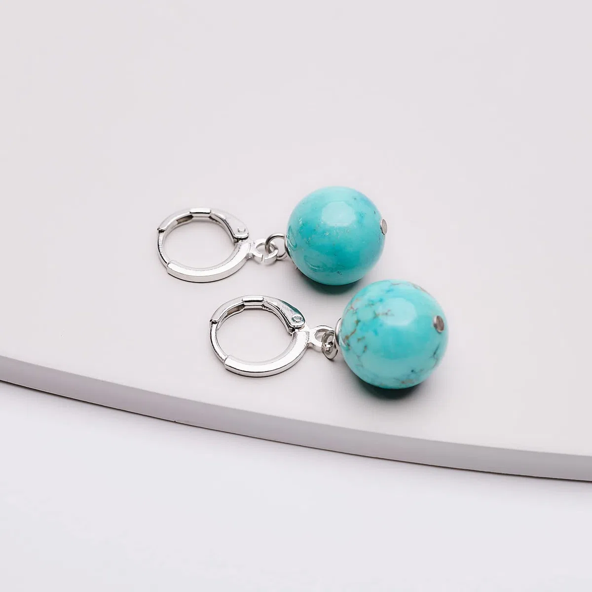 Orecchini Semplici Fatti A Mano Con Perline Di Pietre Preziose Per Donne E Adolescenti - Orecchini Pendenti A Sfera Da 12 Mm Chiusura A Leva Placcata Oro (Turchese blu)