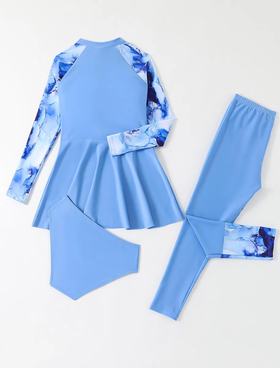 IMEKIS Costume da bagno islamico musulmano da bambina Burkini, a maniche lunghe, con pantaloni e pantaloncini bikini, 3 pezzi, costume da bagno per bambini