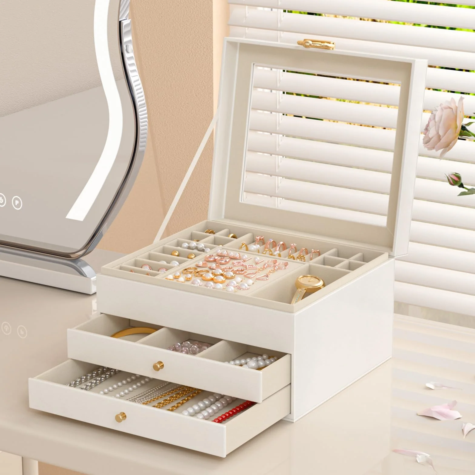 Grande Scatola Portagioie Donna 3 Livelli – Organizer Gioielli Elegante con 24 Scomparti – Custodia per Anelli, Collane e Bracciali con Coperchio Trasparente – Regalo Perfetto per Donna (Bianco)