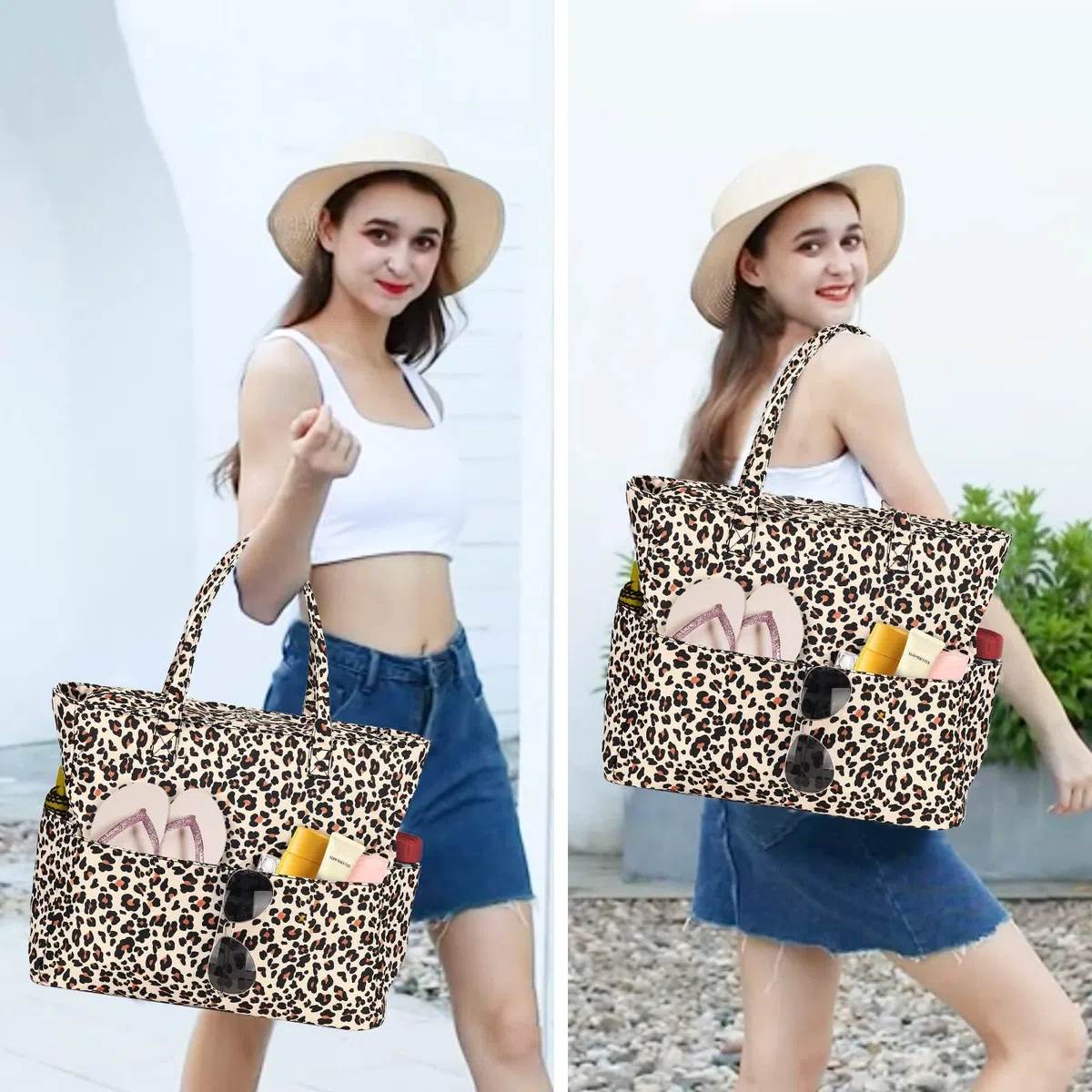 Grande borsa da spiaggia XXL con chiusura lampo, leopardo borsa da bagno, grande borsa da spiaggia, impermeabile, per famiglia, extra grande, motivo leopardato