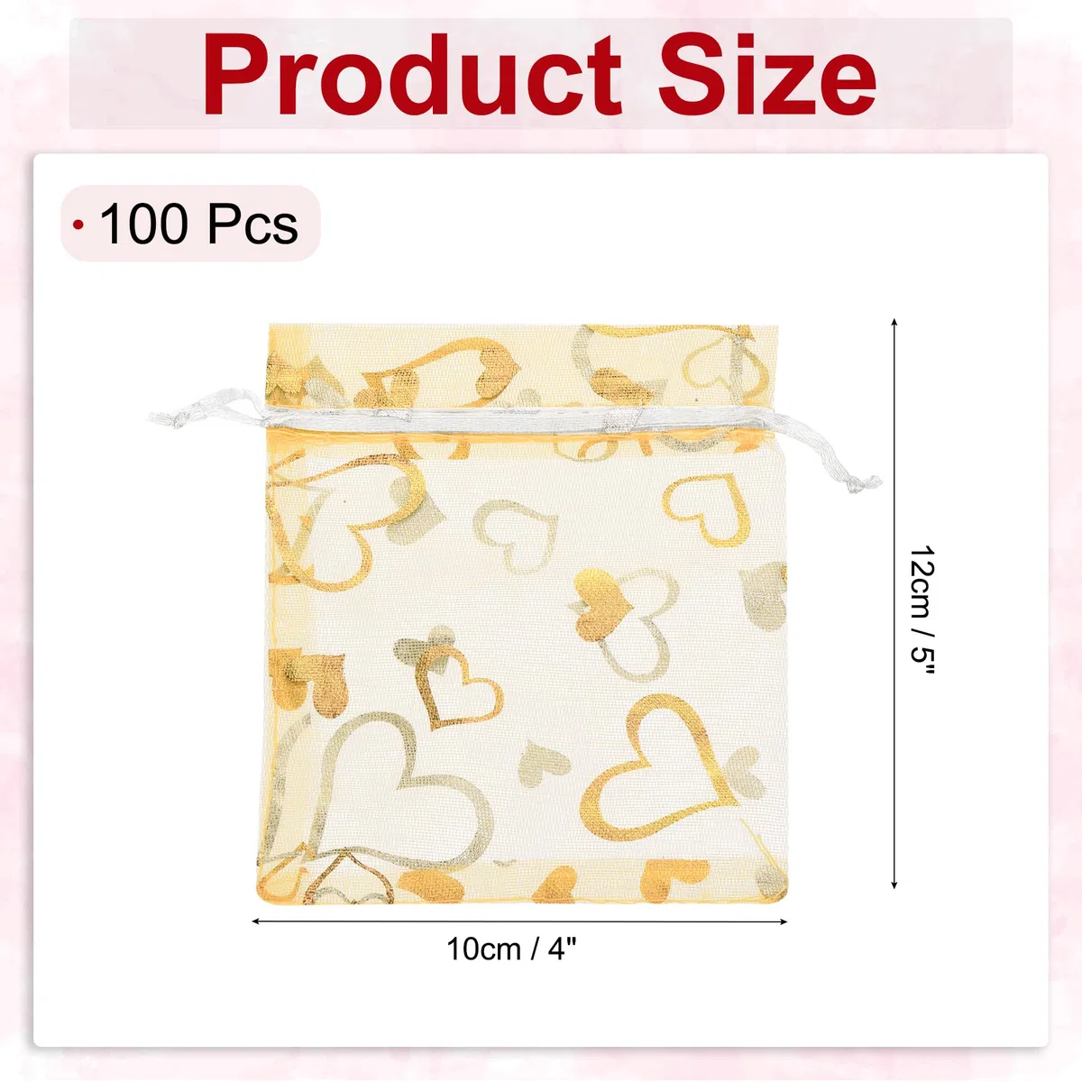 QUARKZMAN Sacchetti Organza, 10 x 12cm, Buste Regalo con Coulisse Cuore in Rete Trasparente, Sacchettini Bomboniere Ingrosso, Sacchetti per Gioielli,(Bianco-Oro, 100Pz)