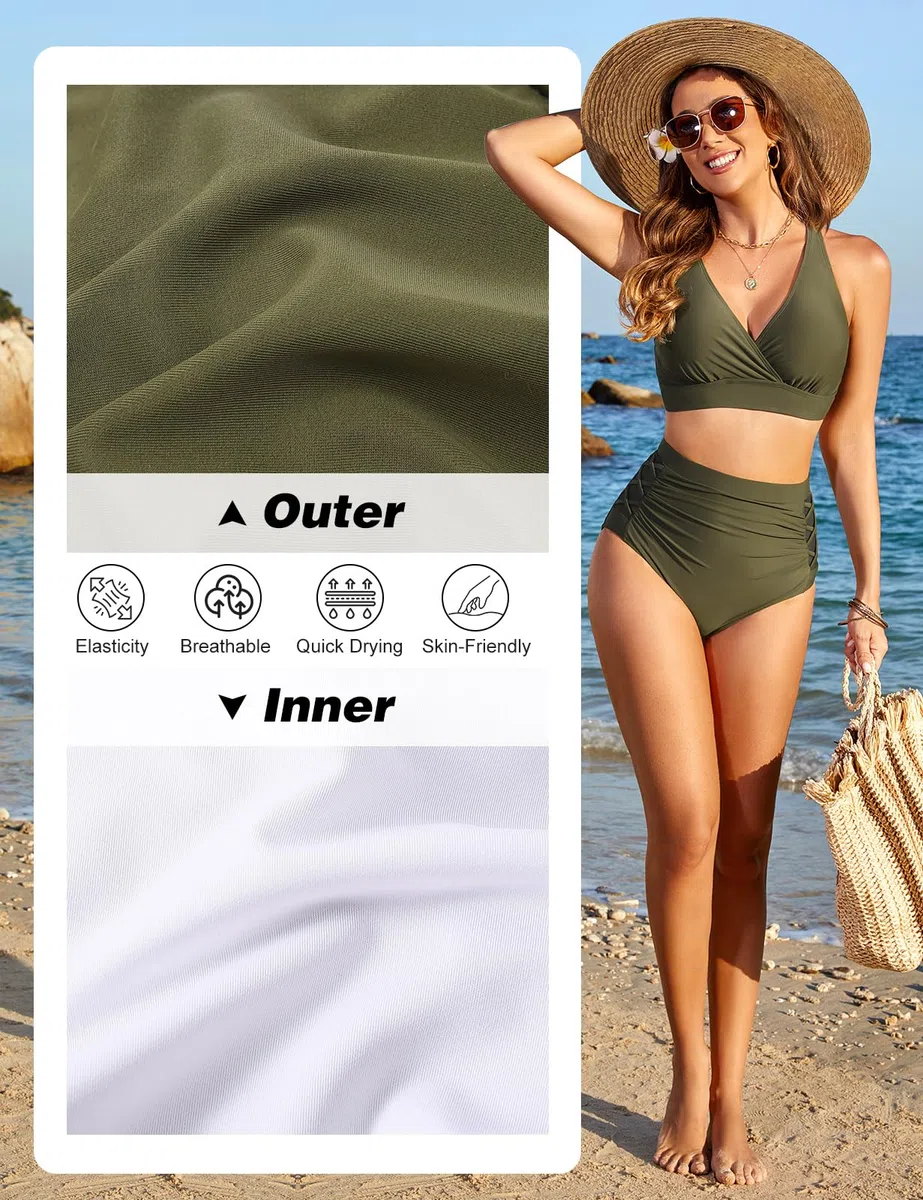 CMTOP Costume da Bagno Donna Due Pezzi Vita Alta, Scollo a V Push Up Costumi da Bagno Imbottito Reggiseno Bikini Set, Regolabile Costumi da Mare Beachwear Swimwear per Spiaggia Piscina