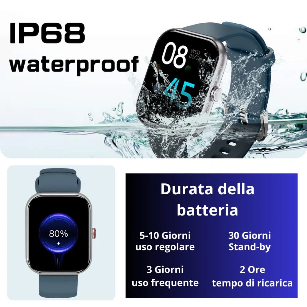 Smartwatch Uomo Donna 1.91" Orologio Intelligente Batt 320mAh, Chiamate Bluetooth, Fitness, Contapassi, Sonno, Cardiofrequenzimetro, Salute Femminile, Monitor SpO2, IP68, Android/iOS Istruz. ITA Blu