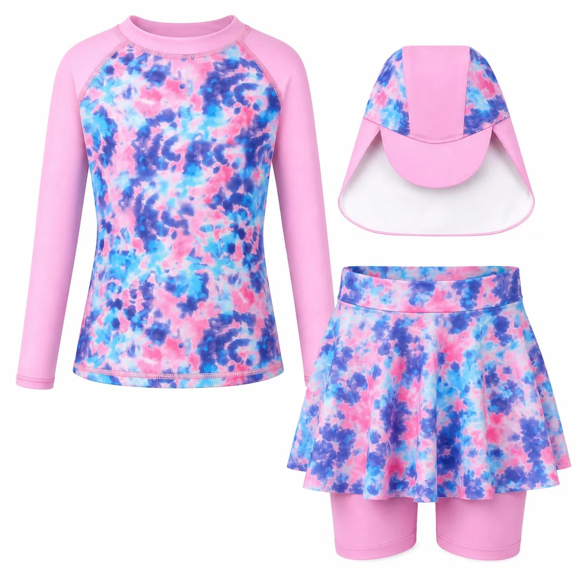 Costume da bagno per ragazze, 3 pezzi, a maniche lunghe, protezione dai raggi UV, maglia con pantaloni corti e cuffia da nuoto, 4-9 anni