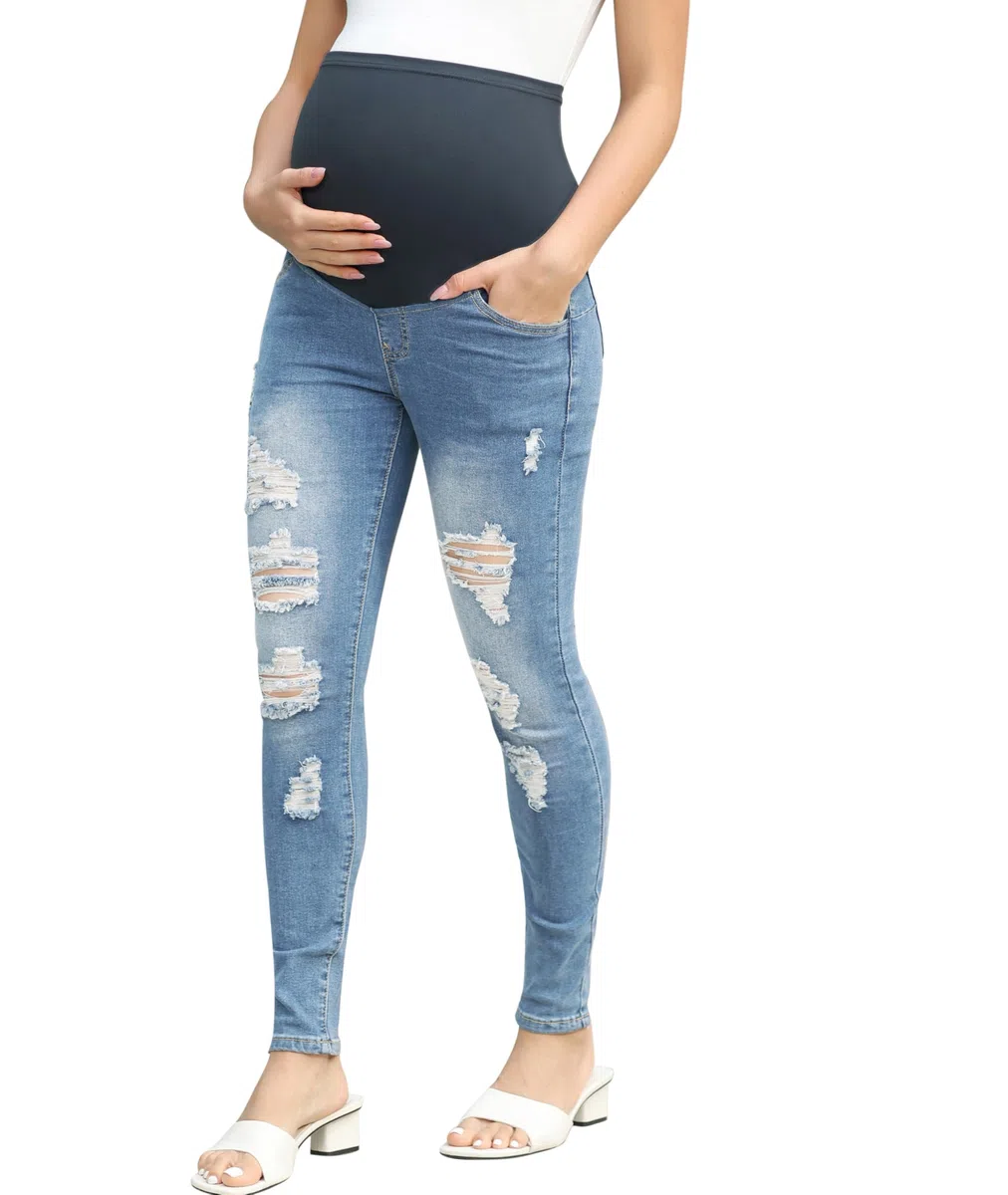 Maacie Pantaloni premaman Jeans elasticizzati per gravidanza a vita alta Pantaloni per donne incinte, Nero Azzurro, M