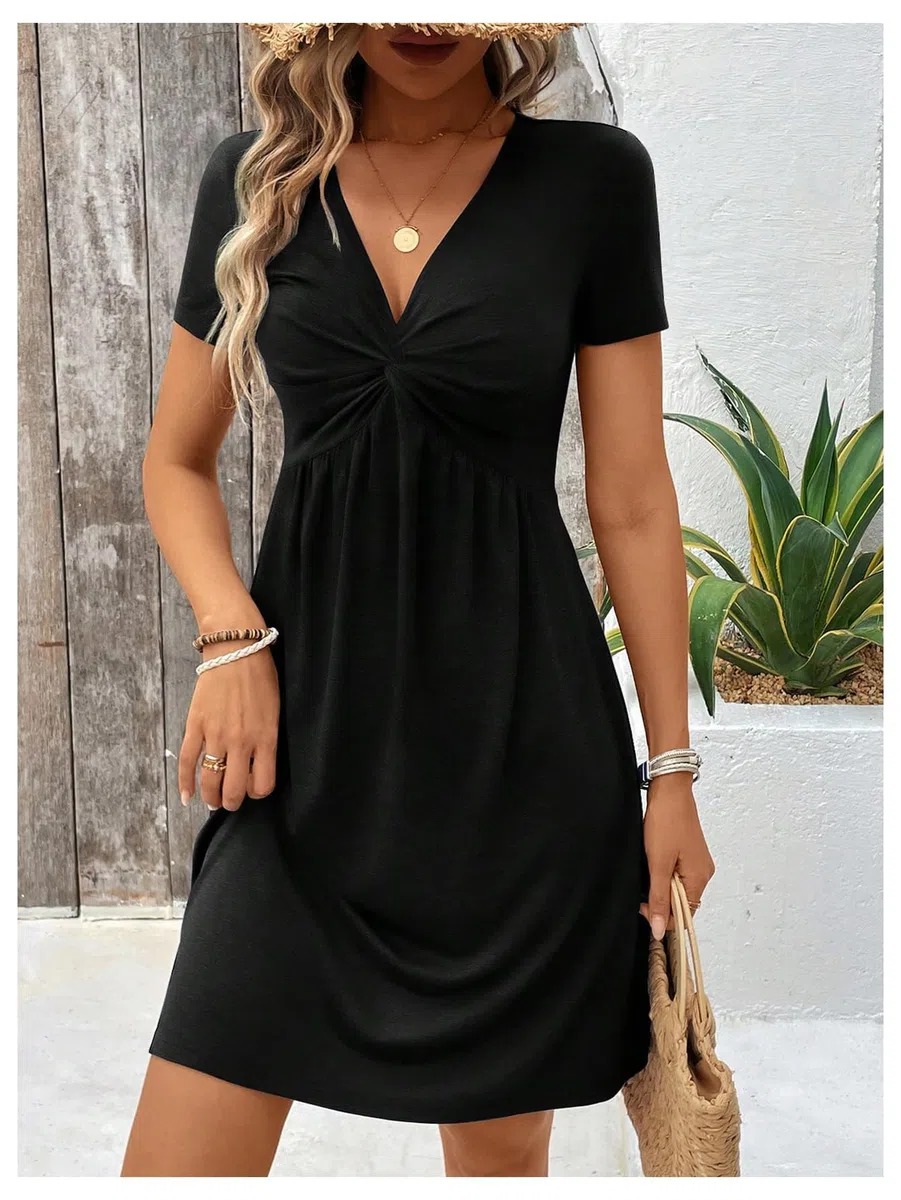 Vestito Donna Manica Corta Vestiti Estivi Scollo a V Casual Abiti da Donna Elegante Mini Vestito Vita Alta Linea A Moda Abito