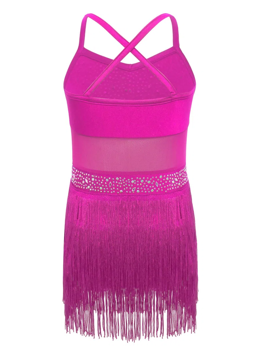 Kaerm Body Ginnastica Ritmica Bambina Abito da Ballo Latino Americano con Frange e Nappe Vestito da Danza Classica Moderna Costume Danza Samba Rumba Salsa Dancewear