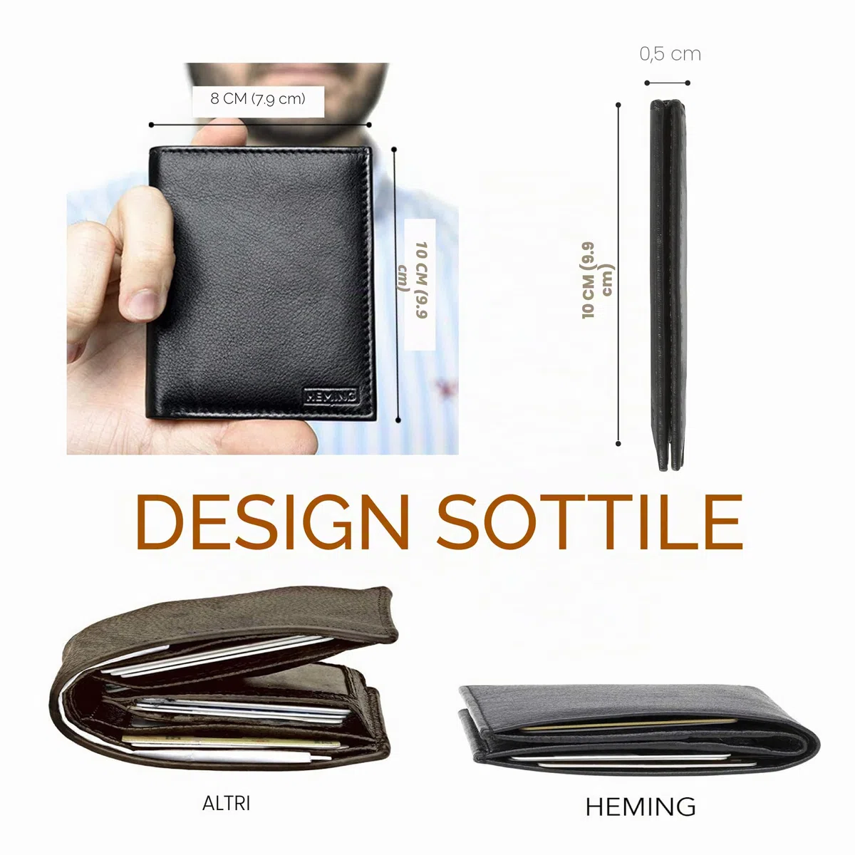 HEMING Portafoglio uomo slim nero - 100% pelle - piccolo sottile - Porta soldi e carte di credito - Portacarte - compatto