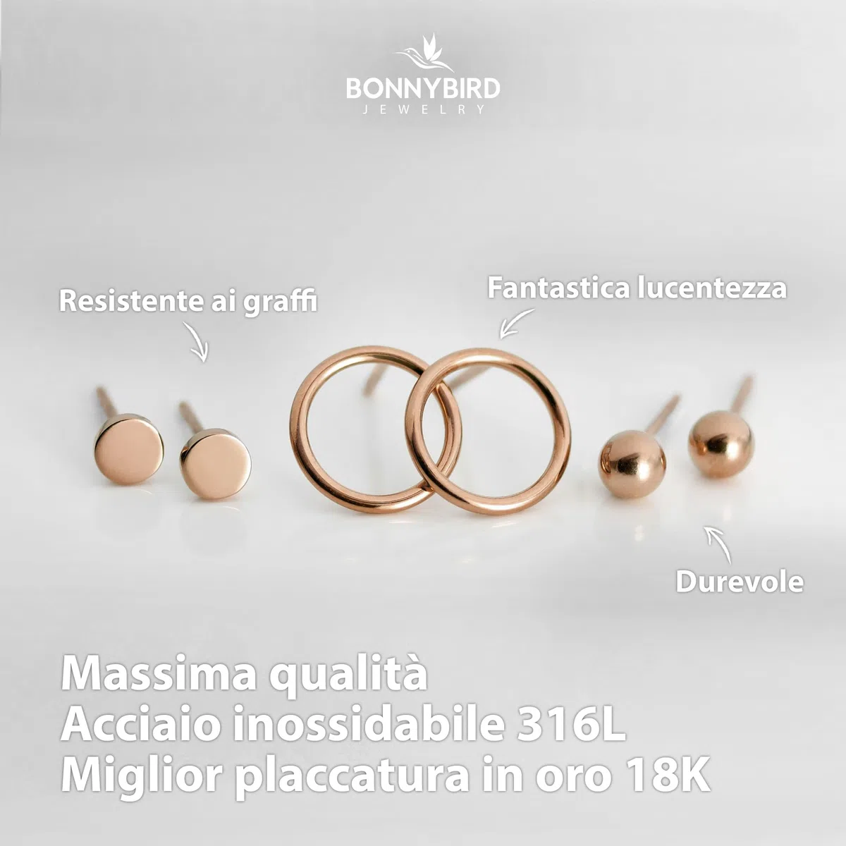 BONNYBIRD® Orecchini Acciaio Chirurgico Donna in Argento, Oro e Oro Rosa - Anallergici e Impermeabile