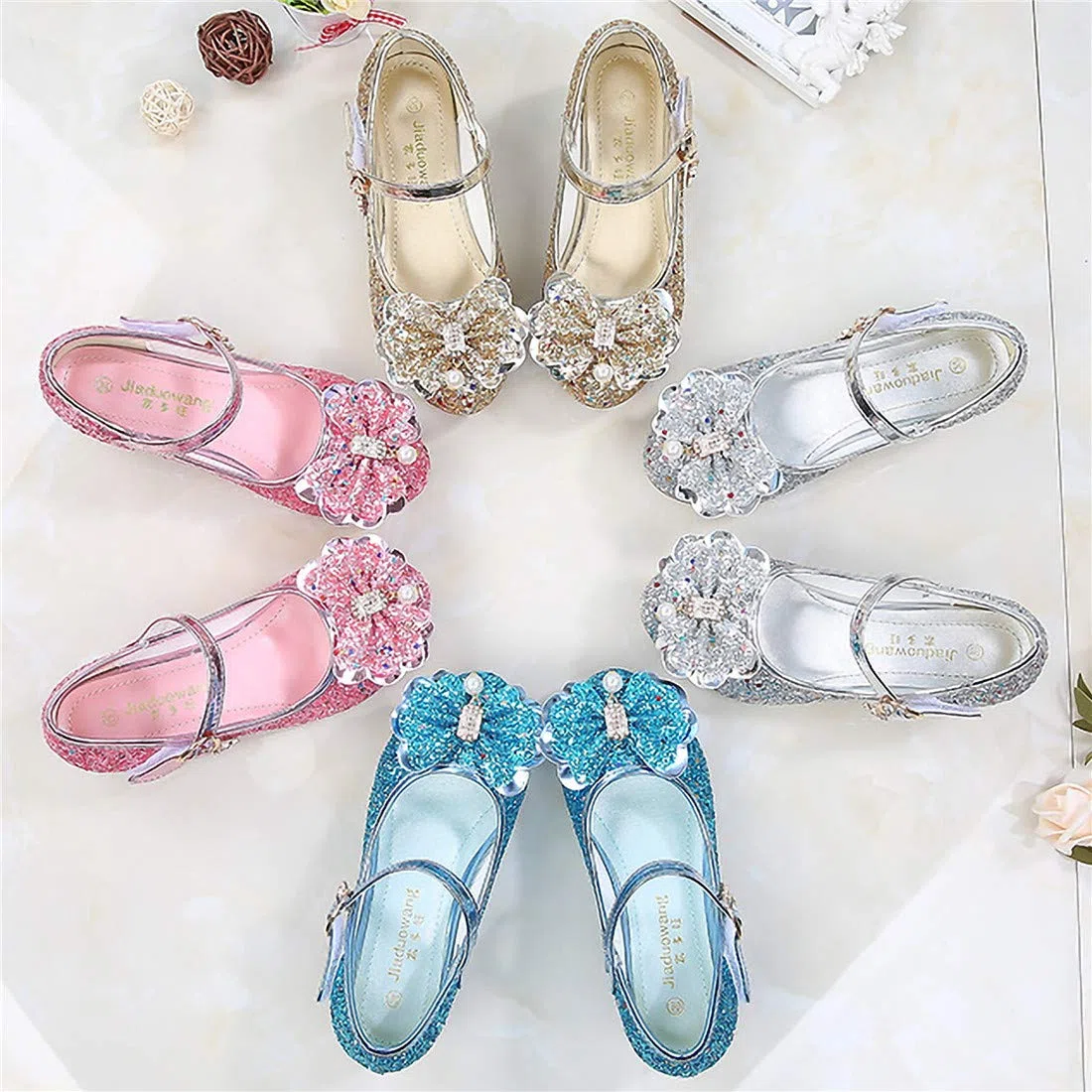 Ragazza Principessa Scarpe con Tacco Pendenti Scarpe Cristallo Partito Glitter Pumps Festive Carnevale Party Halloween Natale Blu,EU26-38