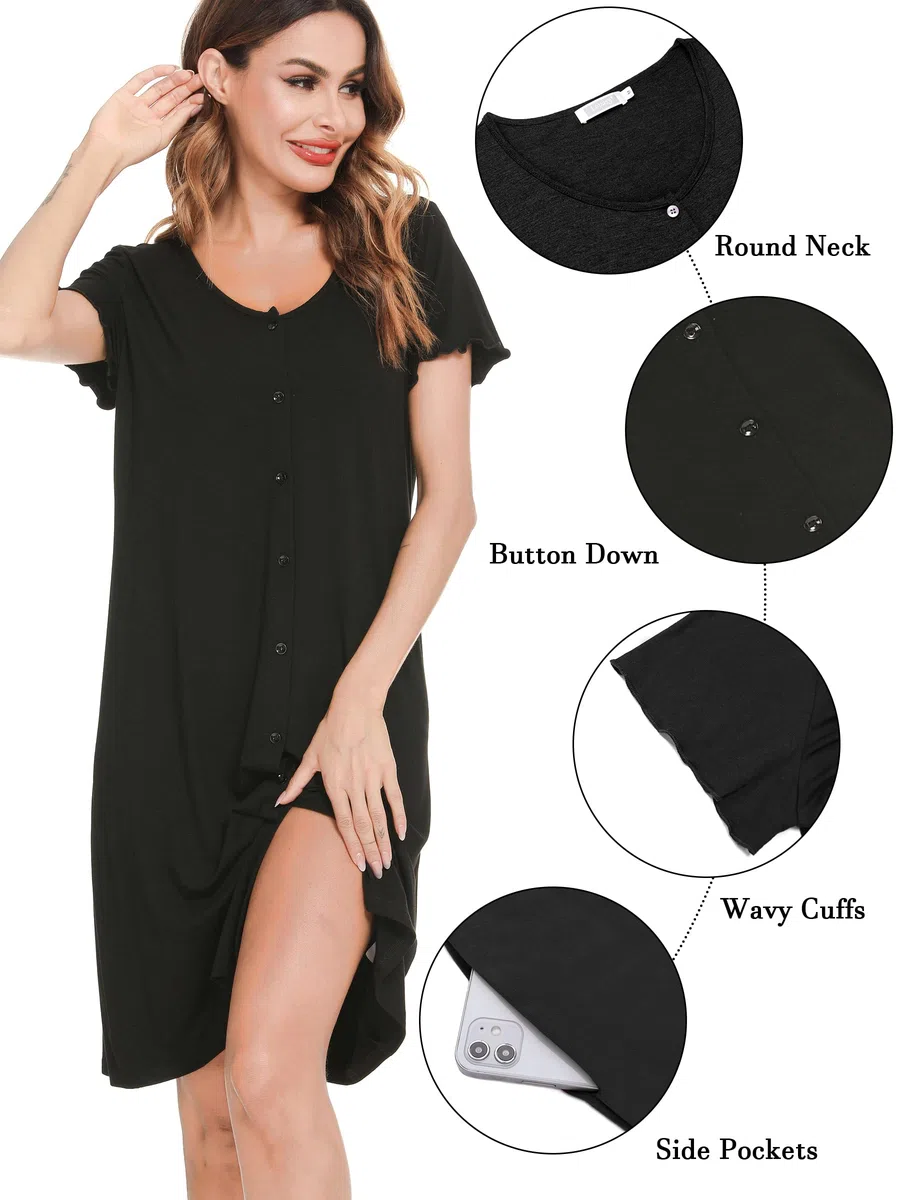 Lovasy Camicia da Notte Donna Manica Corta Sexy Abito da Notte Estiva con Bottoni Un Pezzo Pigiama Curvy Premaman Allattamento con Tasche
