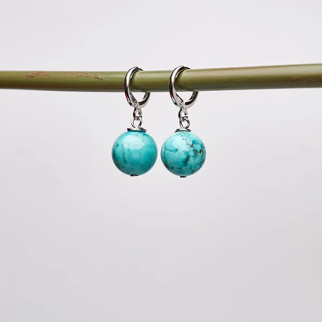 Orecchini Semplici Fatti A Mano Con Perline Di Pietre Preziose Per Donne E Adolescenti - Orecchini Pendenti A Sfera Da 12 Mm Chiusura A Leva Placcata Oro (Turchese blu)