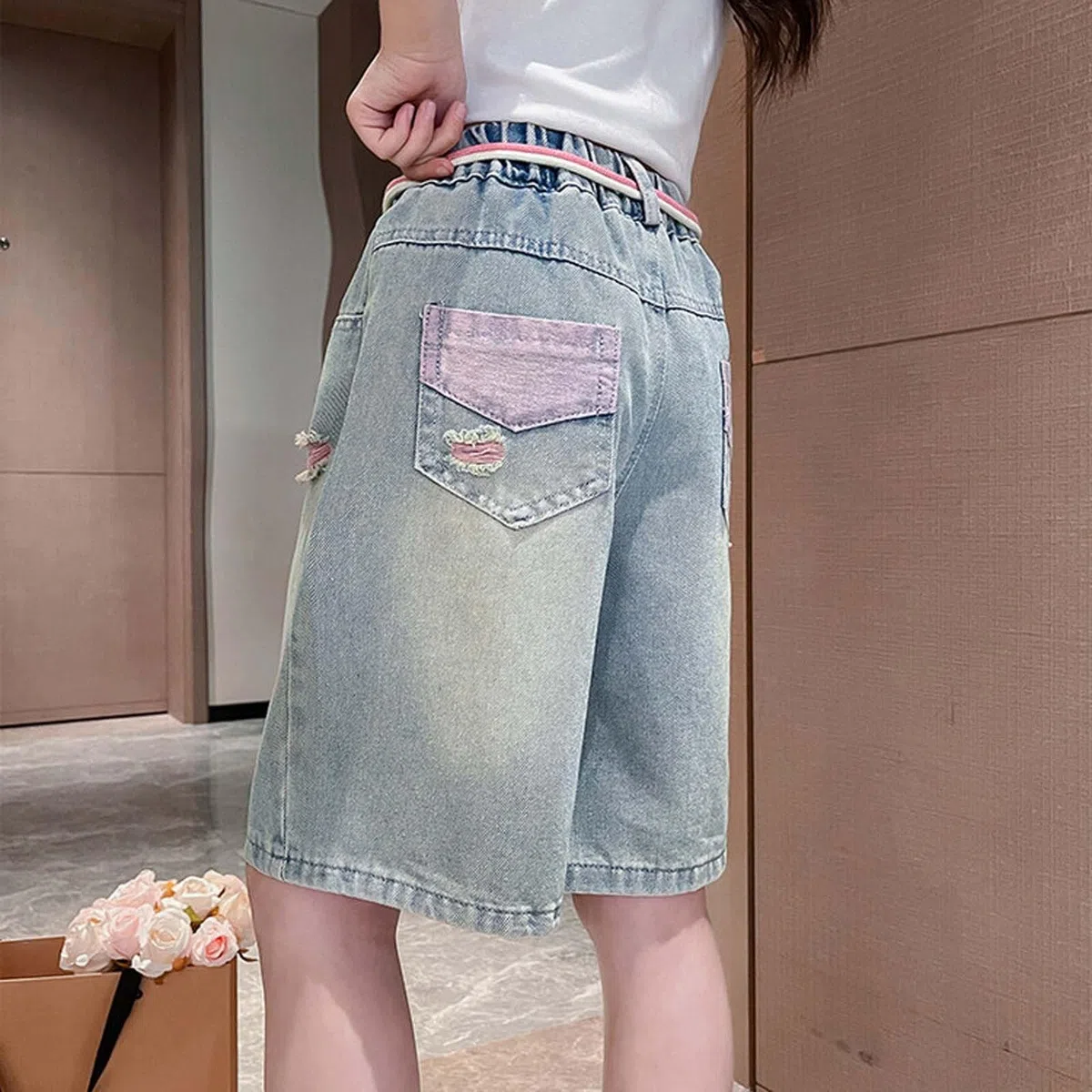 Pantaloncini Jeans Estivi Ragazze,Pantaloncini Corti da Ragazza con Elastico in Vita Tasche Lunghezza al Ginocchio Bambine Denim Shorts Estate Pantaloni Baggy per Bambini e Adolescenti, 3-16 Anni