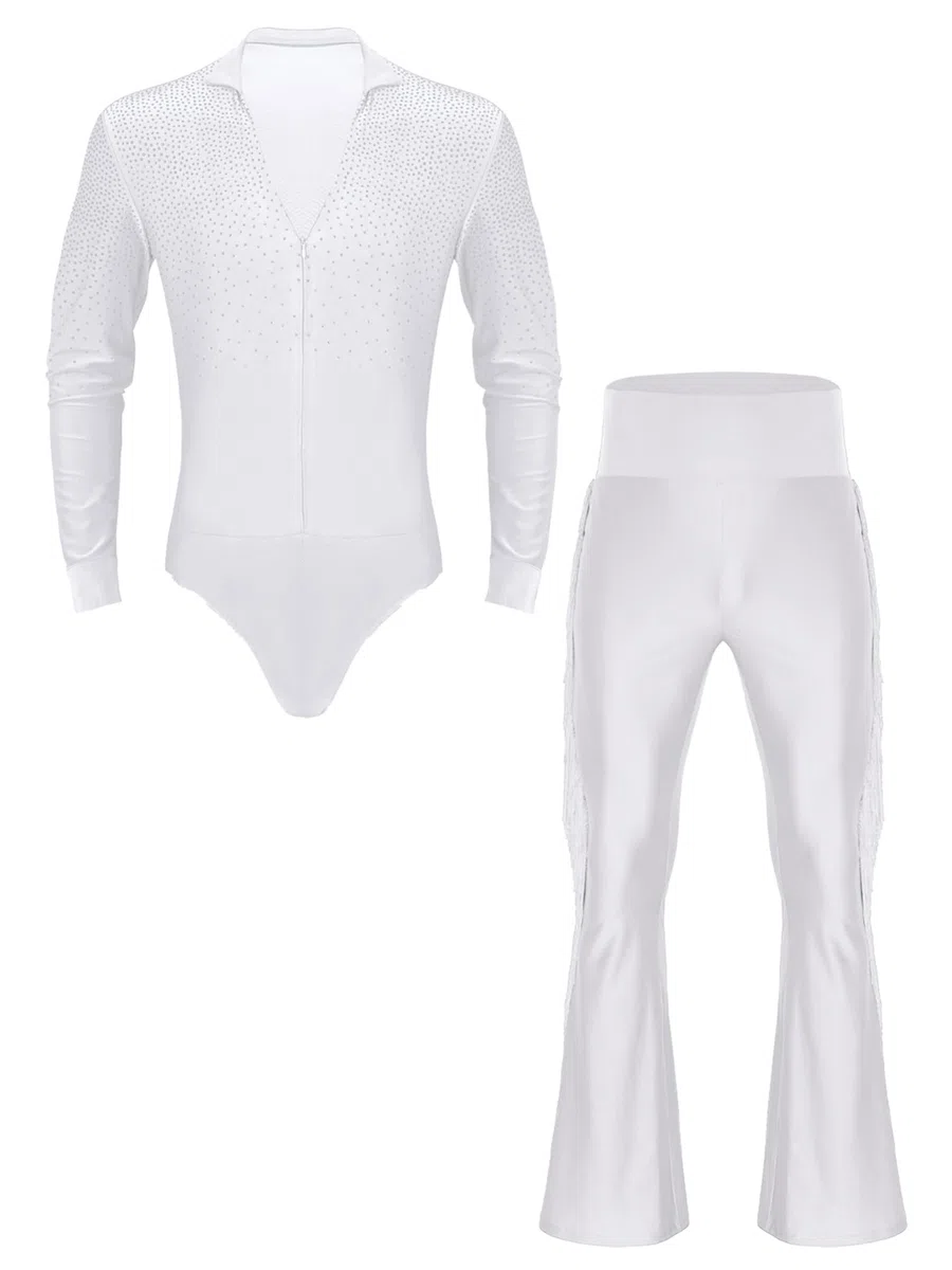 iEFiEL Body da Ballo Latino Uomo Scollo a V Manica Lunga e Pantaloni Con Nappe Vestito con Strass Abito da Ballo Danza Classica Tango Samba Rumba Jazz Salsa Jumpsuit
