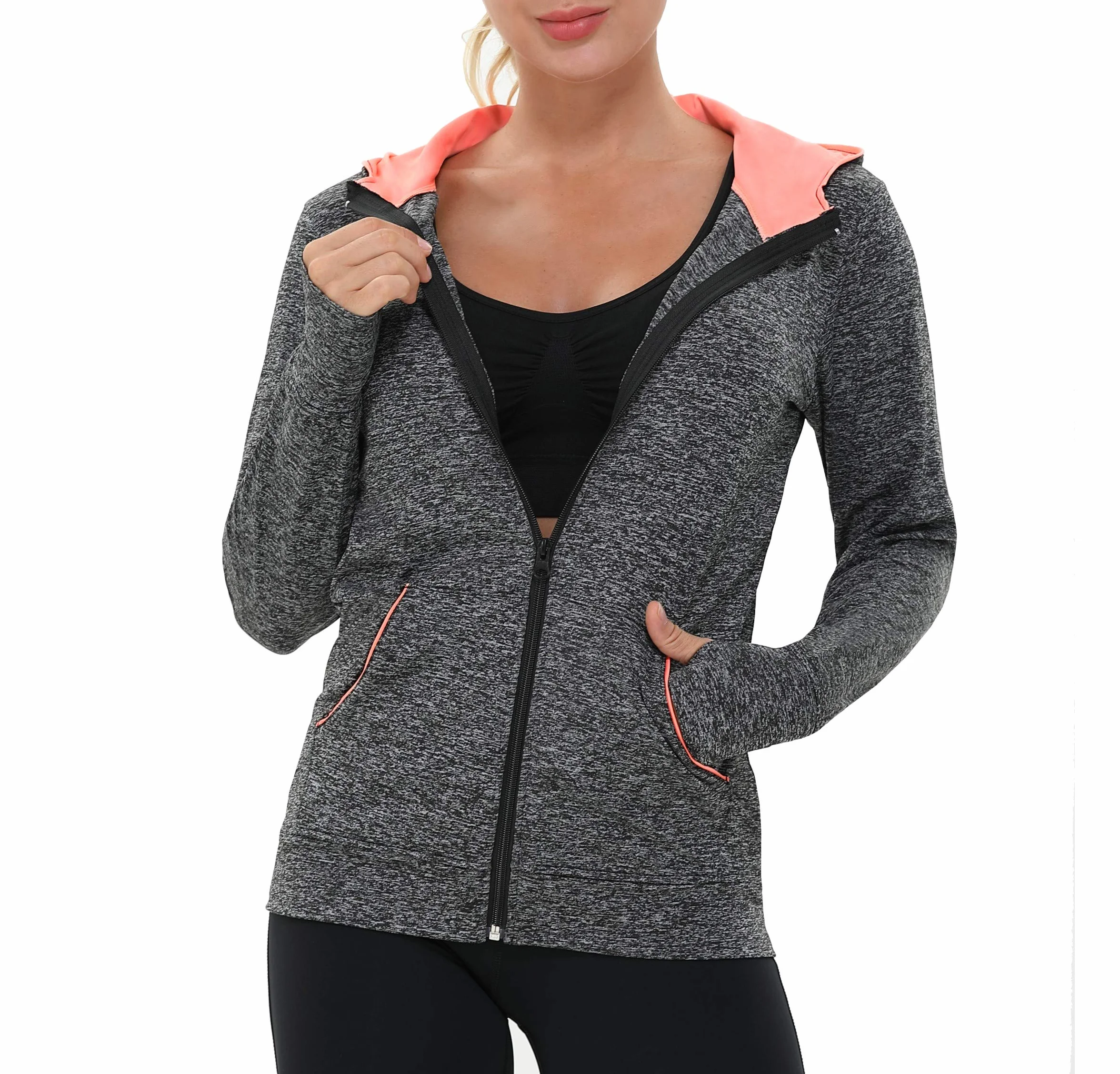 AMZSPORT Donna Felpa Sportiva Giacca da Running a Manica Lunga con Cappuccio con Tasche