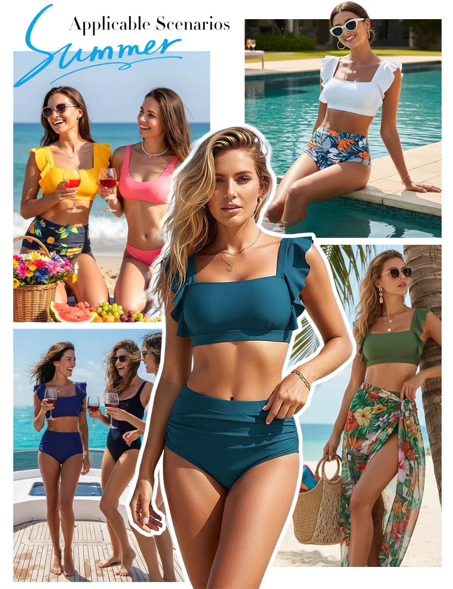 Costume Donna Due Pezzi Vita Alta Bikini Push-up con Scollo Quadrato Costumi da Bagno Piscina e da Spiaggia da Eleganti Dettagli con Volant