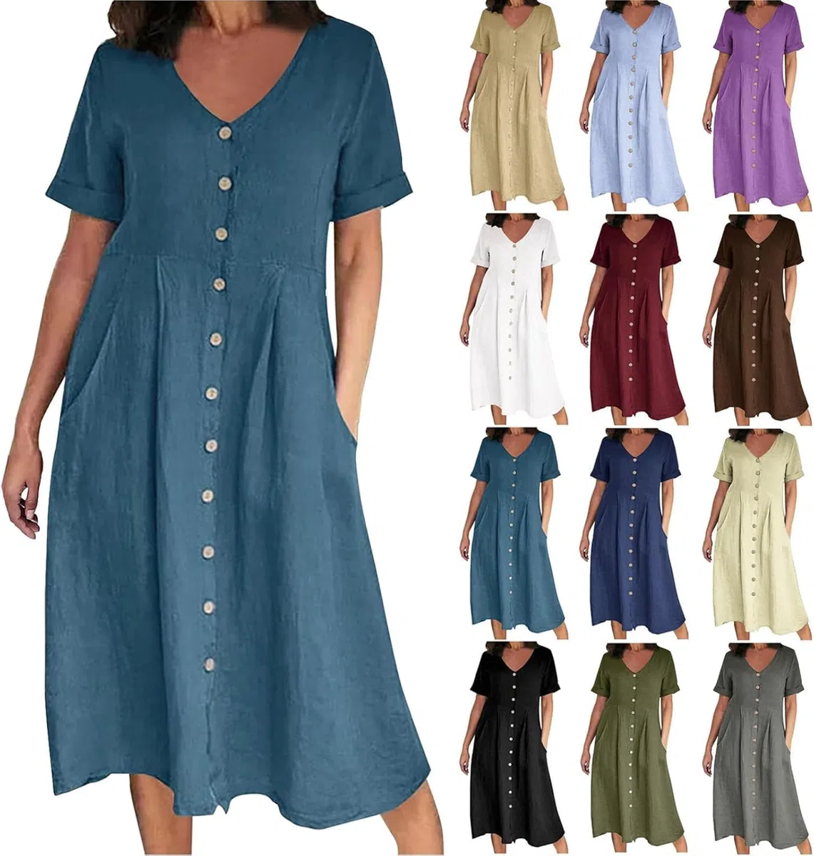 Abito da Donna in Cotone e Lino con Bottoni, Maxi Abito Casual con Scollo a V e Maniche Corte, Tinta Unita, Leggero, Ampio, con Tasca
