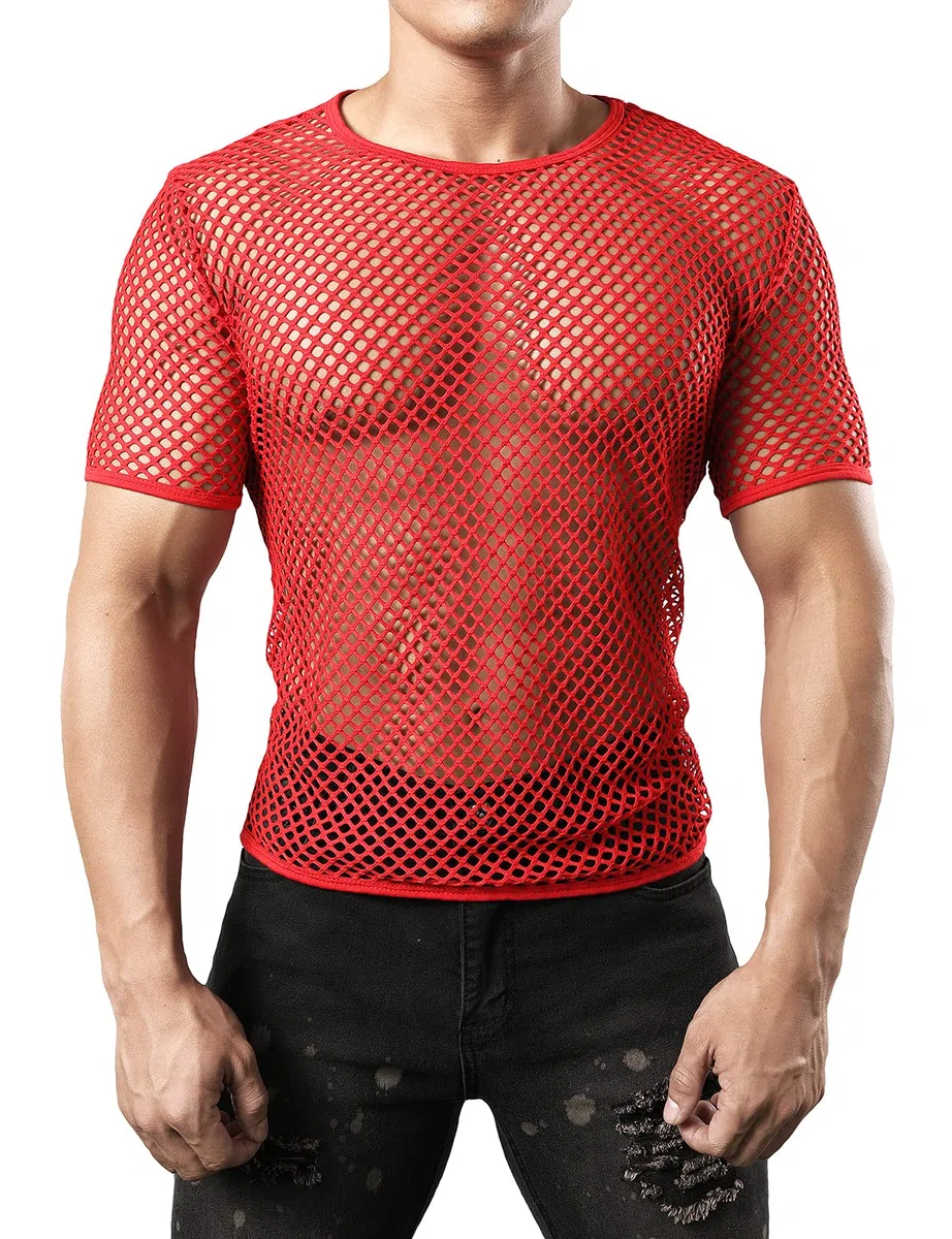 JOGAL Camicia da uomo a maniche corte trasparente muscolare