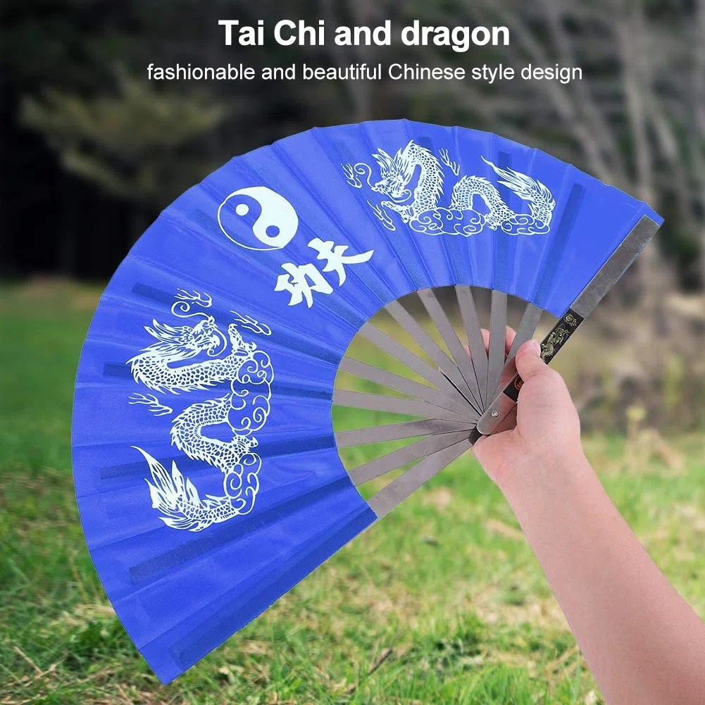 DEWIN Ventaglio Cinese, Acciaio Inossidabile Tai Chi Arti Marziali Kung Fu Dance Practice Training Perpermance Fan (Blu)